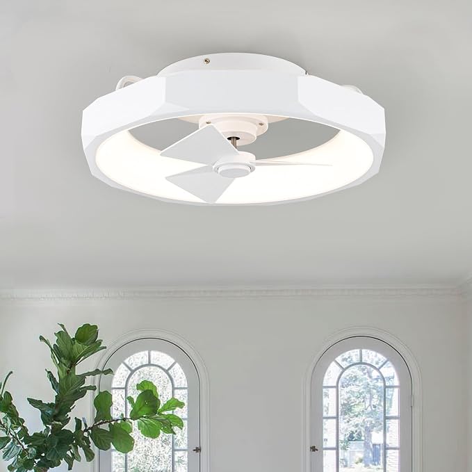 Low Profile White Ceiling Fans with Lights and Remote - 20" Flush Mount Ceiling Fan Bedroom, 3000-6000K Dimmable Fandelier LED Fan Light, 6 Wind Speeds, Modern Ventilador de Techo