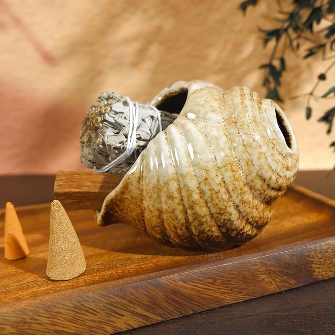 MOUGIGI Mini Conch Chiminea Palo Santo Burner - Ceramic Smudging Bowl/Incense Chimney Works with Palo Santo Sticks/Sage/Copal,Tabletop Altar, Thoughtful Gifts for Meditation, Yoga, Aromatherapy