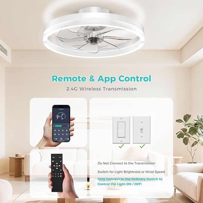 RGB Ceiling Fans with Lights and Remote, 20 Inch Flush Mount Low Profile Ceiling Fan with Light,3000K-6500K Dimmable,Modern LED Fandelier Ceiling Fan for Bedroom Living Room (White)
