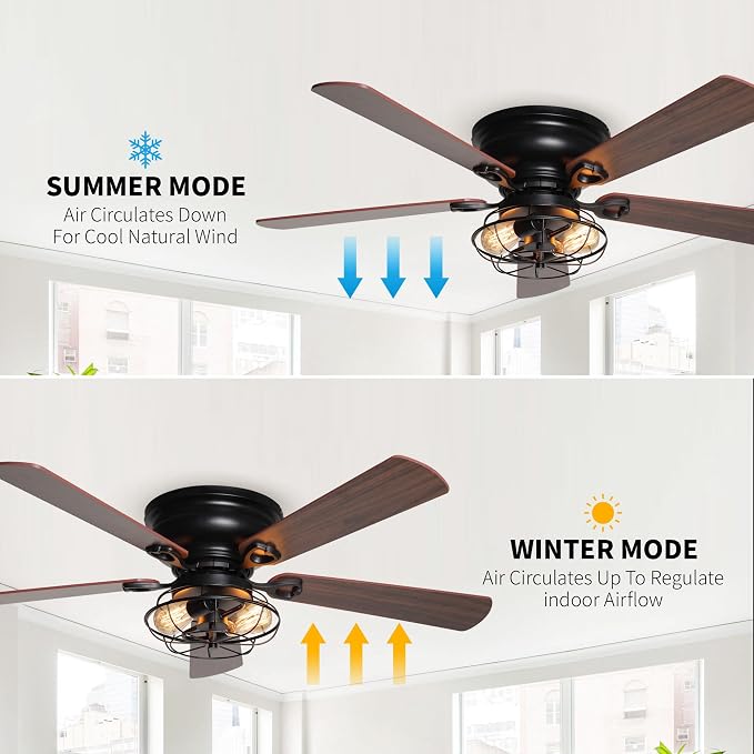 48 Inch Farmhouse Ceiling Fan with Light and Remote, Flush Mount Low Profile Ceiling Fans with Reversible Quiet Motor, Caged Ceiling Fan for Bedroom Living Room Patio