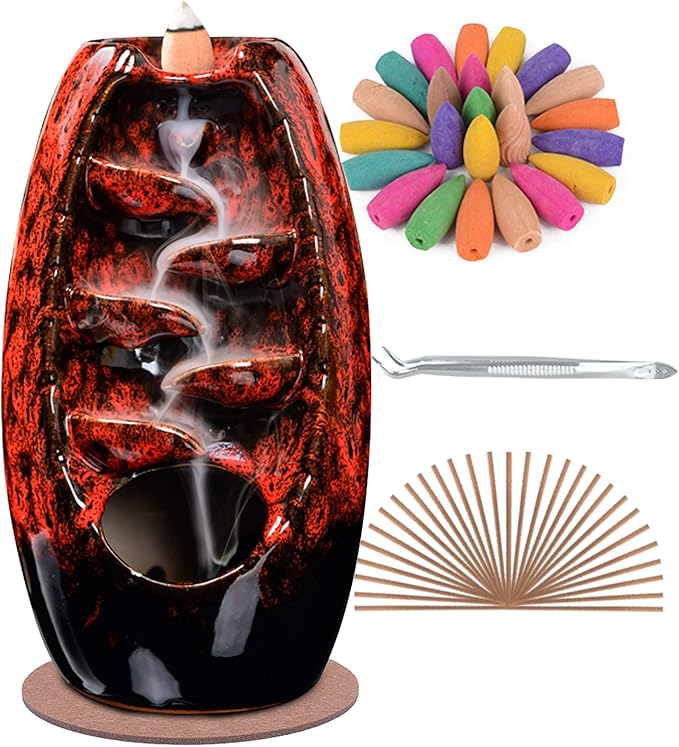 SPACEKEEPER Ceramic Incense Burner Holder Waterfall, Aromatherapy Ornament Home Decor with 120 Backflow Incense Cones & 30 Stick, Red