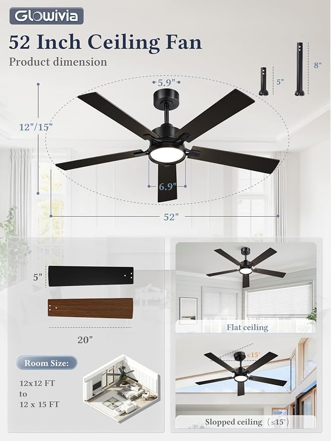 52 Inch Ceiling Fan with Lights and Remote, Smart APP Control, Dimmable with All-Setting Memory, Quiet DC Motor Reversible Blades, Damp Rated Modern Ceiling Fan for Bedroom Patio Living Room