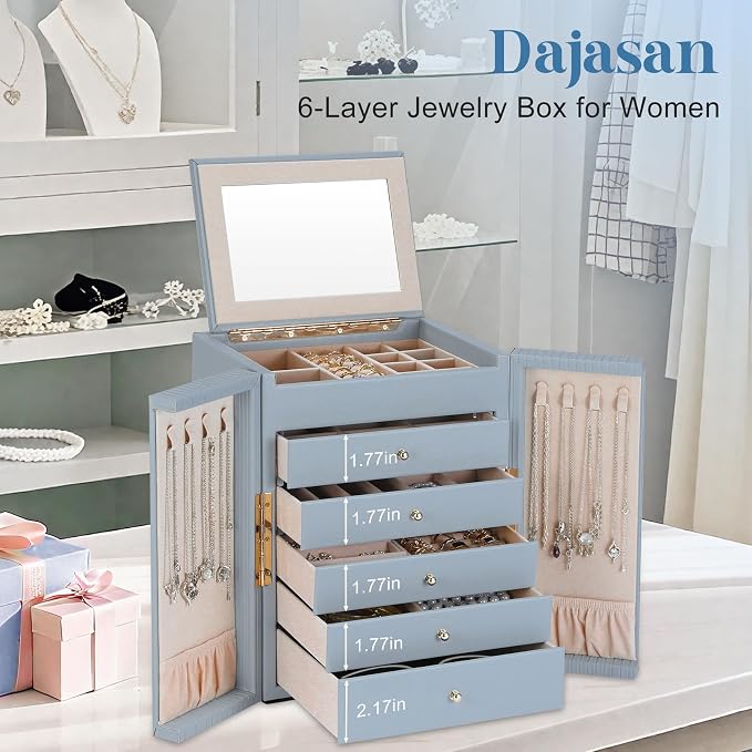 Dajasan Large Jewelry Organizer Box, 6-Tier Jewelry Storage Case with 5 Drawers, Jewelry Boxes for Women Girls with Mirror, Double Door, Textured PU Leather, Gift Idea, Stylish (Blue + Gold)