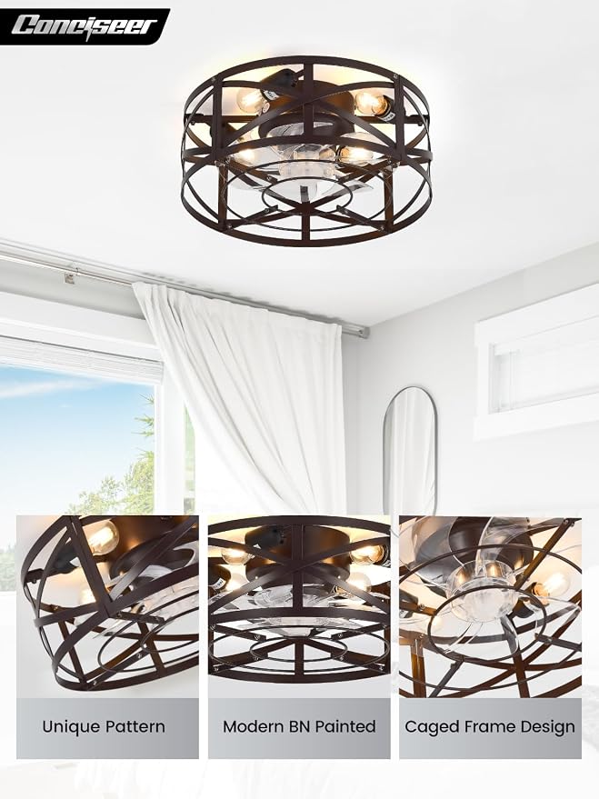 Conciseer 20 Inch Caged Ceiling Fans with Lights and Remote, Flush Mount, Low Profile 7 Blades, 6 Speed Reversible Quiet DC Motor for Bedroom, Kitchen and Living Room, Brown