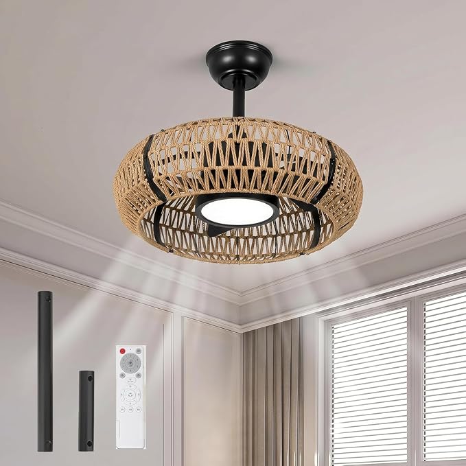 ocioc 20" Caged Ceiling Fans with Lights and Remote,Fandelier Ceiling Fan with Light,Bladeless,Quiet Reversible DC Motor,Rattan Boho Ceiling Fan for Bedroom,Living Room