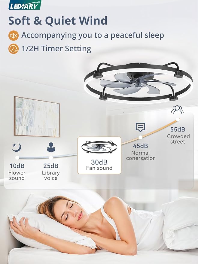 LEDIARY 26" Ceiling Fans with Lights and Remote, Low Profile Led Fan Light | Stepless Dimmable Fandelier, 6 Wind Speeds, Remote and APP Control, Flush Mount Ceiling Fan for Bedroom, Living Room, Black