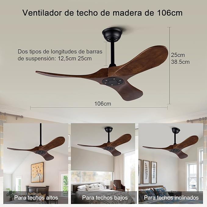 Ceiling Fan without Light, 42 Inch Wood Ceiling Fan no Light with Remote,Outdoor Ceiling Fans for Bedroom,Patio, Porch, 6 Speed,Quiet DC Motor(Deep Walnut Blades)
