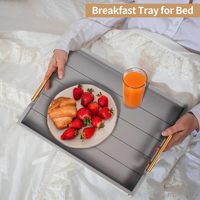 SXNOWS Wooden Serving Tray with 2 Sets of Handles,Gray | 16.5x13 Inch Large Ottoman Tray for Living Room Coffee Table Breakfast in Bed BBQ Party, 4 Round Coasters Included