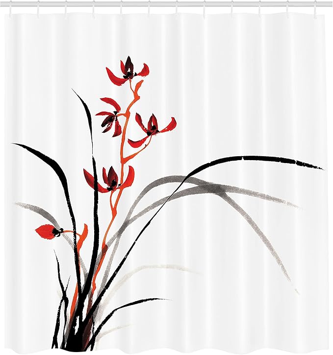 Ambesonne Japanese Shower Curtain, Classic Cultural Chinese Ink Paint of Native Wild Orchids Reflexive Birches, Cloth Fabric Bathroom Decor Set with Hooks, 69" W x 84" L, Orange Black