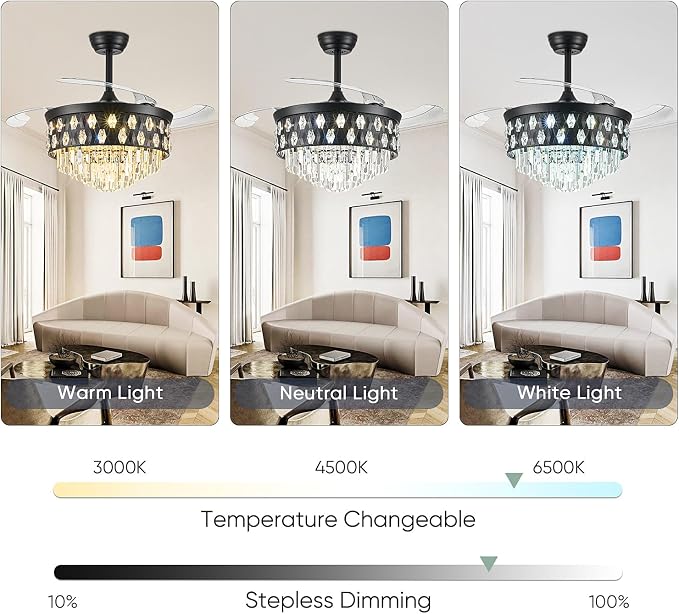 42'' Fandelier Ceiling Fan with Light, Chandelier Ceiling Fans with Lights, Crystal Ceiling Fans for Bedroom Living Room, LED Dimmable, 6 Wind Speed,3 Color Temperatures-9052 Black