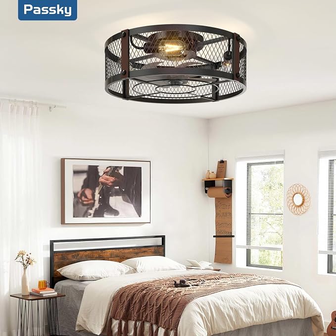 Passky 20" Farmhouse Flush Mount Ceiling Fans with Lights and Remote, Industrial Black Caged Low Profile Fandelier, 6 Speeds Bladeless Ceiling Fan for Bedroom, Kitchen, Living Room
