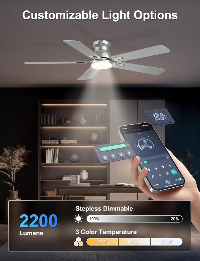 52'' Silver Flush Mount Ceiling Fan with Lights for Bedroom | App/Remote Control, Low Profile, Space-Saving, Quiet DC Motor, 3CCT Dimmable, 6 Speeds Modern Overhead Fan for Low Ceilings
