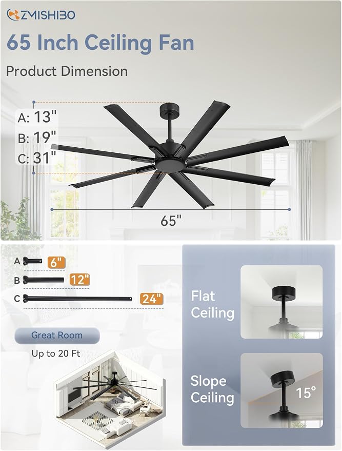 ZMISHIBO 65 Inch No Light, Large Industrial Ceiling Fan with 8 Aluminium Blades, Quiet DC Motor, 6 Speeds, Modern Ceiling Fan without Light for Garage/shop/living room,Black
