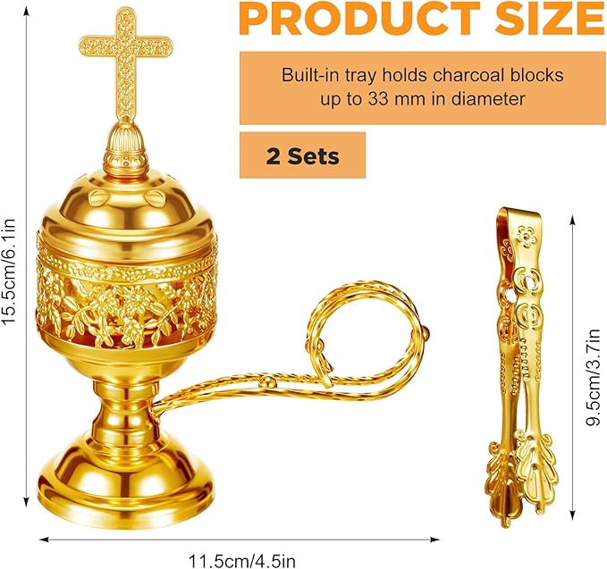 Zonon 2 Sets Incense Burner with Tong, Frankincense Charcoal Incense Stand Holder, Ideal for Yoga, Spa, Aromatherapy, Home and Christian Church Censer (Gold,Classic)