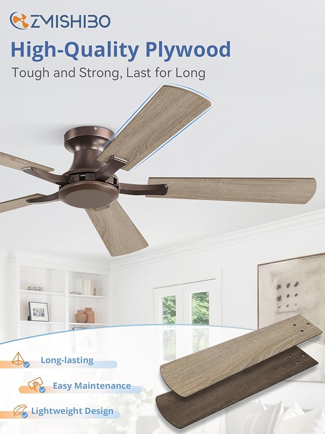 ZMISHIBO 52 Inch Ceiling Fan No Light, Flush Mount Low Profile, Farmhouse Brown Ceiling Fan Without Light, Remote Control & Quiet DC Motor, for Indoor&Outdoor, Bedroom, Living Room