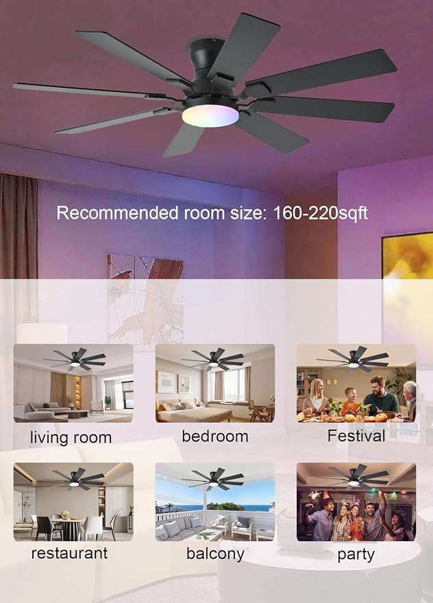JSAITEE 52 inch Ceiling Fan with Light, 6 Speeds Reversible Low Profile Ceiling Fan with Light and Remote/APP Control, 3 Color Temp+Dimmable RGB, 8 Blades, Flush Mount Quiet Ceiling Fans, Black