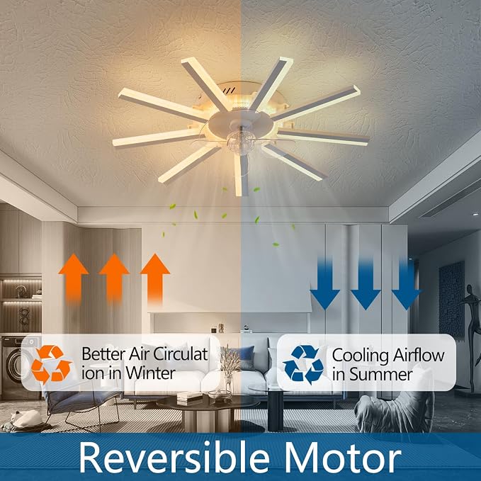 Modern LED Ceiling Fan with Light, 30" Low Profile Flush Mount Ceiling Fan with Remote & APP Control, Dimmable Smart Fandelier with 6 Speeds for Bedroom Living Room Dining Room (White)