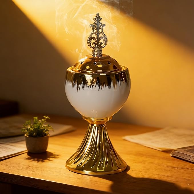 Ceramic Bakhoor Incense Burner - Tranditional Golden Bakhoor Burner - for Yoga, Spa, Aromatherapy, Office & Home Decor