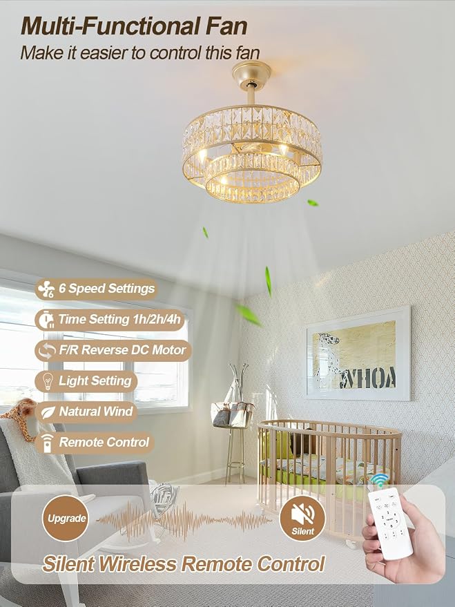 Gold Fandelier Ceiling Fan with Light,20" Crystal Chandelier Ceiling Fans with Lights and Remote Control,Modern Caged Flush Mount Fandelier with 6 Speeds for Living Room Bedroom Nursery