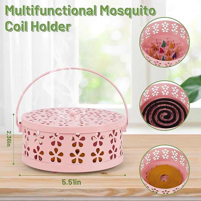 Portable Iron Mosquito Coil Holder with Handle Round Heat-Resistant Incense Holder (Pink)