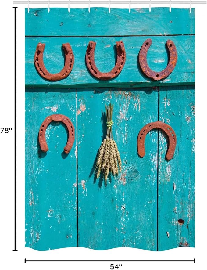 Ambesonne Western Stall Shower Curtain, 5 Antique Rusty Luck Horseshoe and Wheat Ears Bunch Picture, Fabric Bathroom Decor Set with Hooks, 54" W x 78" L, Turquoise and Brown