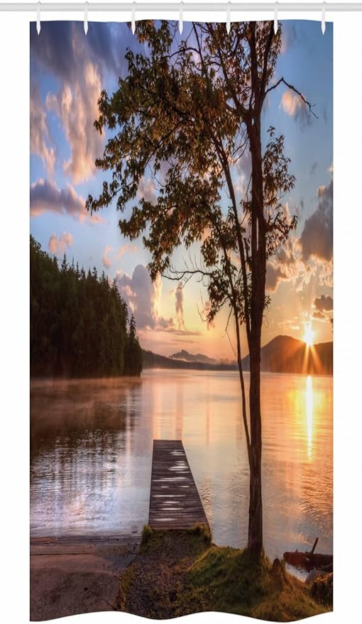 Ambesonne Seascape Stall Shower Curtain, Shore of Seventh Lake Tree Sunbeam at Sunset Water Reflection Tranquility, Fabric Bathroom Decor Set with Hooks, 36" W x 72" L, Brown Peach