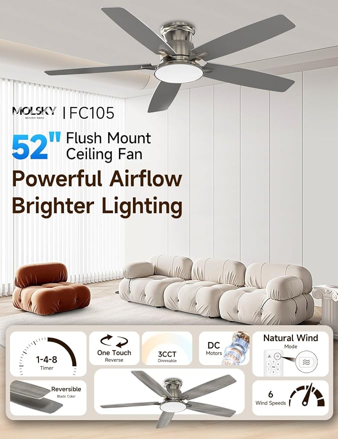 Flush Mount Ceiling Fan with Light, 52 Inch, Remote Control, 3CCT Dimmable LED, 6-Speed Silent Reversible DC Motor, Low Profile Hugger Ceiling Fan for Indoor/Outdoor 90-264V 50/60Hz Brushed Nickel