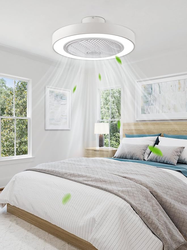 LEDIARY 22in Enclosed Ceiling Fan with Light and Remote, White Modern Bladeless Ceiling Fan with Bright Light, Led Flush Mount Ceiling Fans for Bedroom, Living Room, Kid Room(6 Speeds, 3000-6000K)