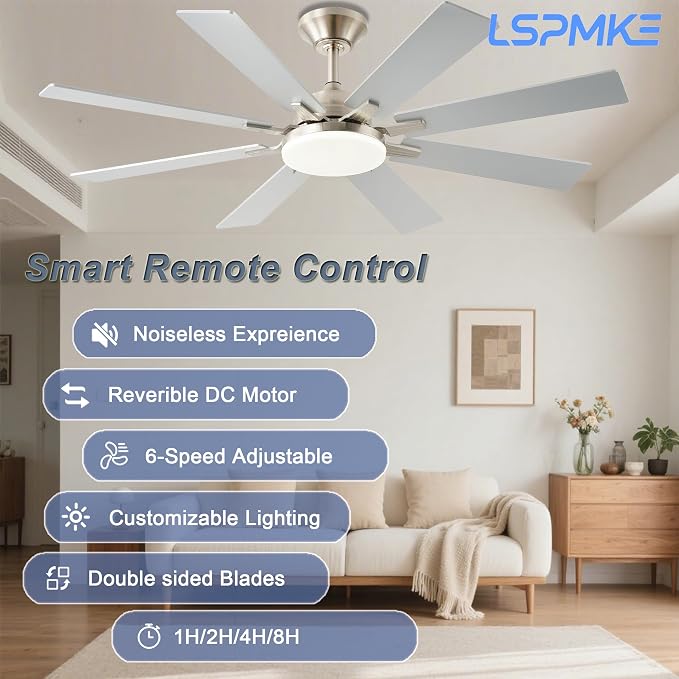 Ceiling Fan With Light & Remote Indoor/Outdoor Use 52 Inch Nickel | Reversible DC Motor,3CCT, Dimmable, Timer, Noiseless,Ceiling Fan for Bedroom Living Room