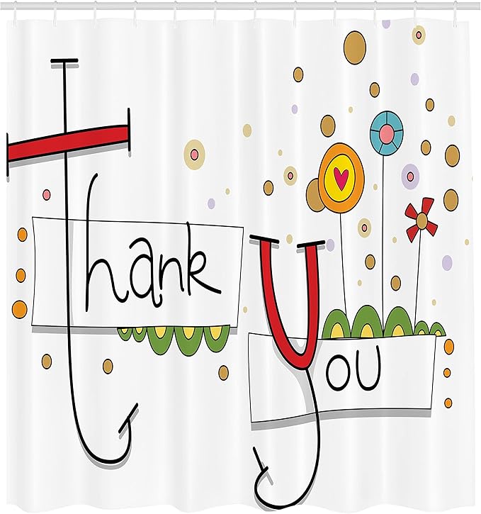 Ambesonne Graphic Art Shower Curtain, Fun Thank You Typography with Abstract Cartoon Style Flowers Hearts and Dots, Cloth Fabric Bathroom Decor Set with Hooks, 69" W x 70" L, Green Black
