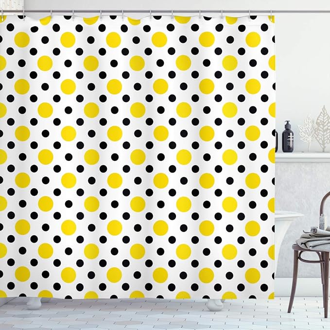 Ambesonne Polka Dots Shower Curtain, Symmetric Look Rounds and Playful Cultural Motif Vintage Circles Retro 30s Themed Print, Cloth Fabric Bathroom Decor Set with Hooks, 69" W x 84" L, Yellow White