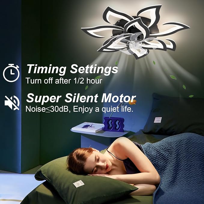 32" Black Flower Ceiling Fan with Light Remote Control, Low Profile Flush Mount Ceiling Fan for Kitchen Bedroom Living Room