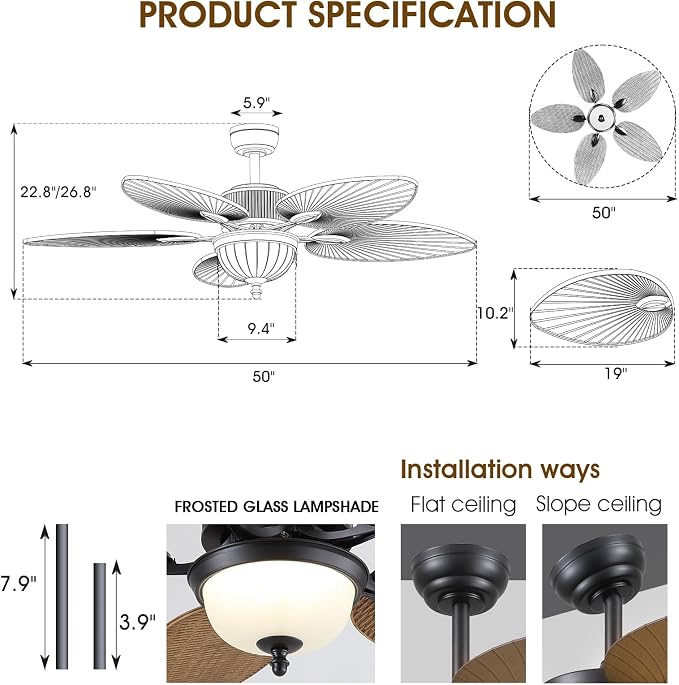 Wiviniya 50 Inch Tropical Ceiling Fans with Lights, Palm Leaf Waterproof Outdoor Ceiling Fan for Patios Porch, Remote/APP Control, Wet Rated, Glass Lampshade, Quiet DC Motor, Dimmable LED, Wood Grain