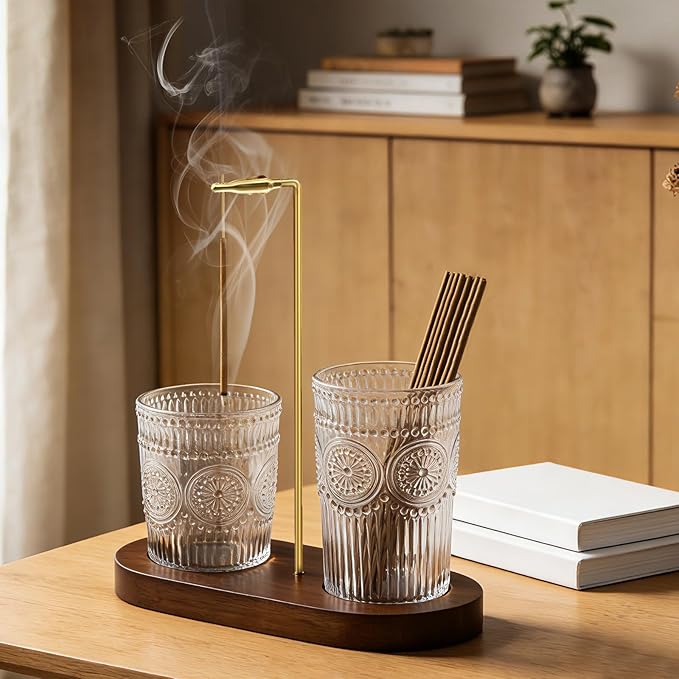 2 in 1 Incense Holder for Sticks, Vintage Glass Upside Down Incense Burner with Removable Ash Catcher & Solid Wood Base, Anti-Ash Flying Catcher for Meditation, Yoga, Spa & Home Decor- Brown