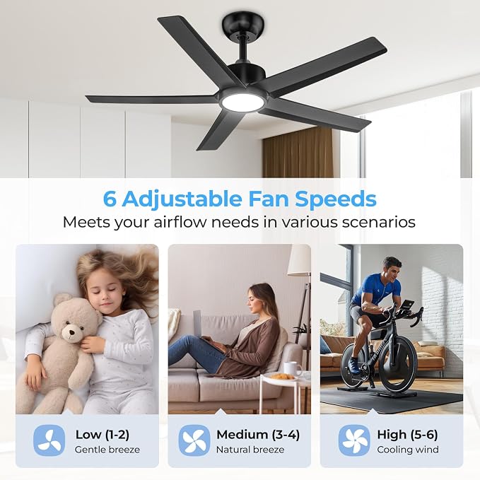ocioc 44" Ceiling Fans with Lights, Black Ceiling Fan with LED Light and Remote, Reversible Airflow, 6 Speeds, Timer, Dimmable, Modern Ceiling Fan for Bedroom, Living Room