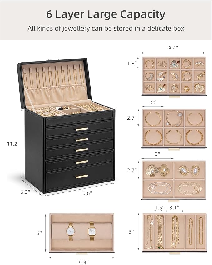 VLANDO 6 Layer Large Jewelry Box - Jewelry Holder Organizer, Jewelry Box Organizer for Drawer Necklace Ring Bracelet and Watch, Birthday Gift for Loved Ones - Black