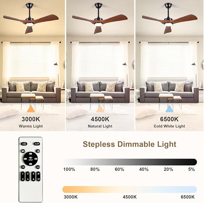 Ceiling Fans with Lights and Remote: 42-Inch Ceiling Fan 3 Blades Low Profile Outdoor - Walnut Ceiling Fans with Remote Control Quiet Reversible DC Motor for Patio Living Room