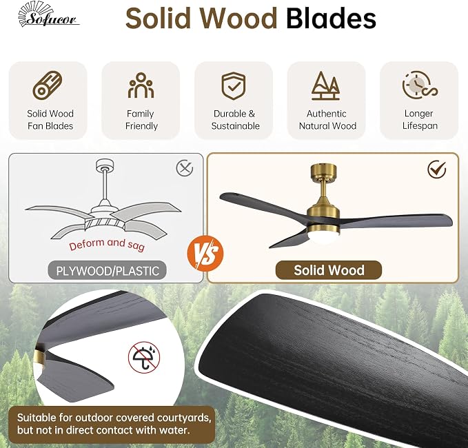 Sofucor 52" Smart Wood Ceiling Fans Lights, Flush Mount & Downrod Mount, 3 Wood Blades Modern Outdoor Ceiling Fans with Alexa/Google Assistant/APP/Remote Control for Bedroom, Farmhouse, Patio, Indoor