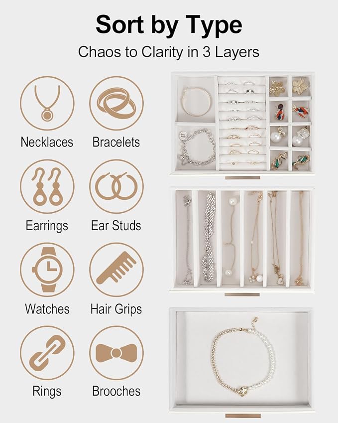 GUOER Jewelry Box for Women, Glass Lid Jewelry Organizer with 3 Drawers PU Jewelry Storage Case for Necklaces Rings Earrings Bracelets (Pink)