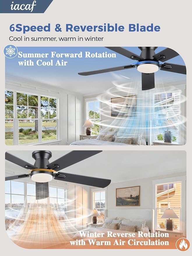 Ceiling Fans with Lights, 52 inch Low Profile Ceiling Fan with Light and Remote/APP Control, Dimmable, Quiet DC Motor, Flush Mount Ceiling Fan for Bedroom Living Room, Indoor/Outdoor Use, Black