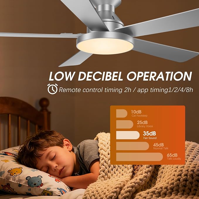 Ceiling Fans with Lights, 52 inch Low Profile Ceiling Fan with Light, Remote/App Control, Flush Mount Modern Ceiling Fan for Bedroom, Indoor/Outdoor (Silver)