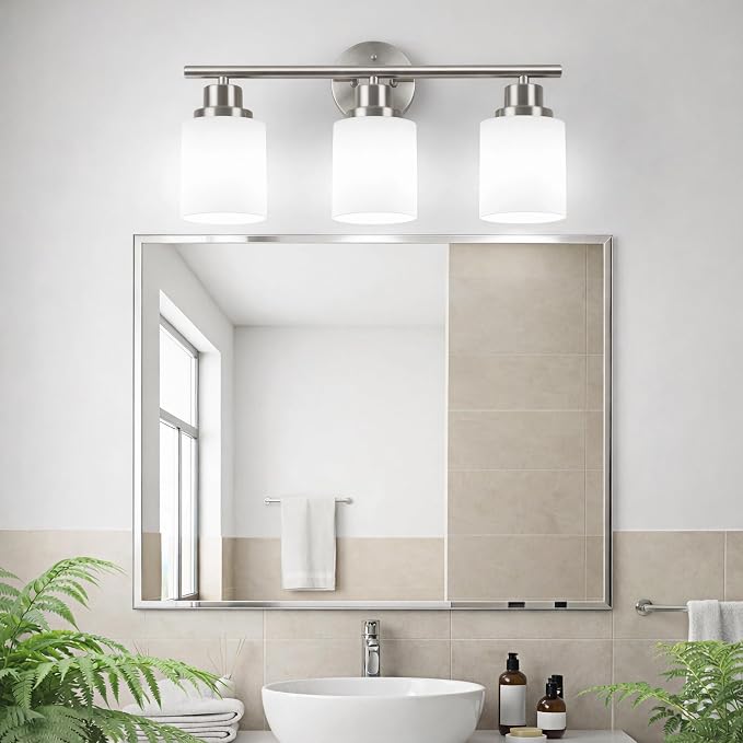 Unicozin 3 Light Bathroom Light Fixtures, Modern Vanity Lights with Milky Glass Shade, Brushed Nickel Wall Lamp Over Mirror for Bathroom, Living Room, Cabinet, Bedroom, E26 Base