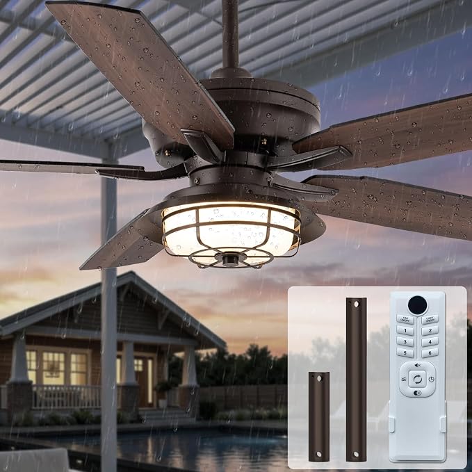 NORFOLK Outdoor Ceiling Fans with Lights and Remote, Waterproof 52 Inch Ceiling Fan with 3 Color LED Light for Patios, Gazebos, and Indoor, Wet Rated Farmhouse Modern Style