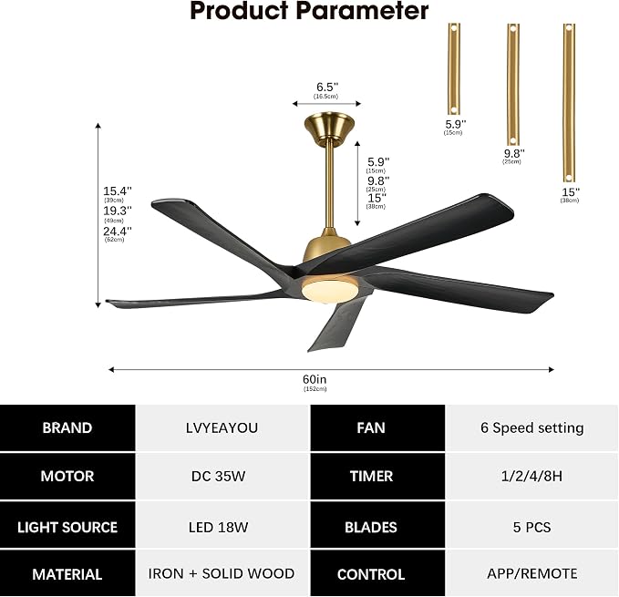 60 Inch Solid Wood Ceiling Fan with Light, Remote and APP Control, 3-color Dimmable, DC Motor, 6-speed Reversible,Outdoor/Indoor Ceiling Fans for Bedroom, Living Room, Black Gold