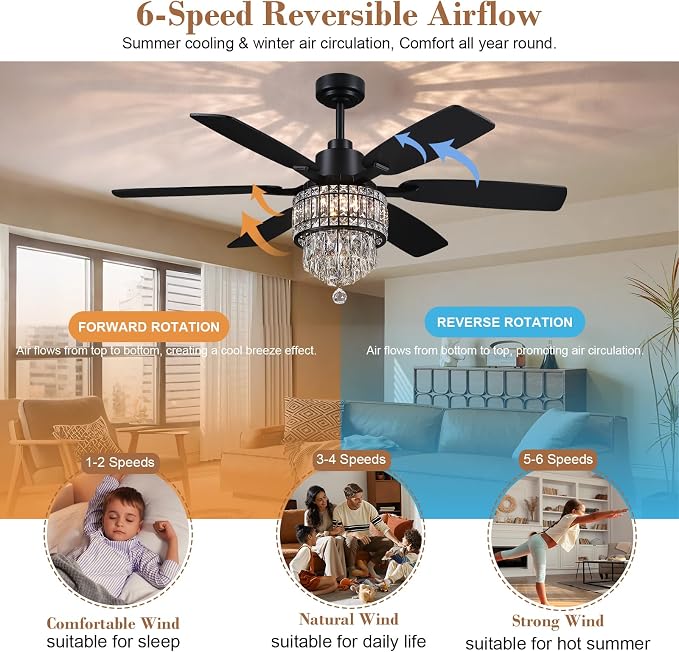 Kviflon 52 Inch Crystal Ceiling Fan with Lights, Black Fandelier Ceiling Fan with Light and Remote/APP Control, Modern Chandelier Ceiling Fan for Bedroom Living Room, Quiet DC Motor, Dimmable LED