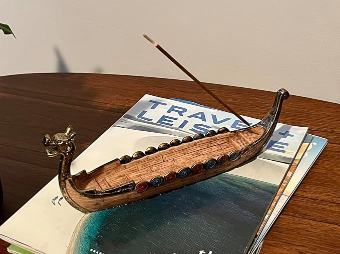 Comeon Retro Incense Burners Traditional Chinese Design Dragon Boat Incense Stick Holder Burner Hand Carved Carving Censer Ornaments (Brown)