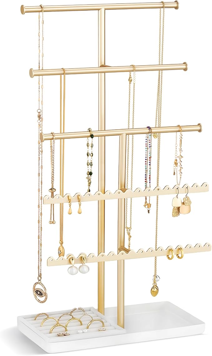 Lolalet 5-Tier Jewelry Organizer Stand, Metal Jewellery Holder, Dresser Display Rack for Necklace Earring Bracelets Rings, Gift for Women Girls -Gold