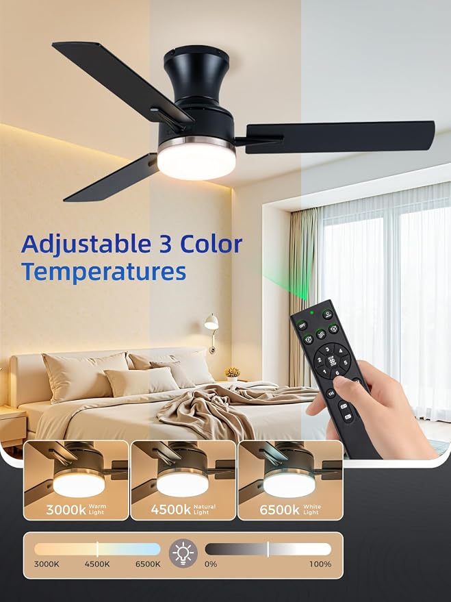 LANMEL 42 Inch Flush Mount Ceiling Fan with Light, App&Remote Control, Low Profile Modern Ceiling Fan, 6 Speed, Reversible, 3000k-6500k Dimmable LED, Quiet DC Motor for Indoor Outdoor, Silver Black