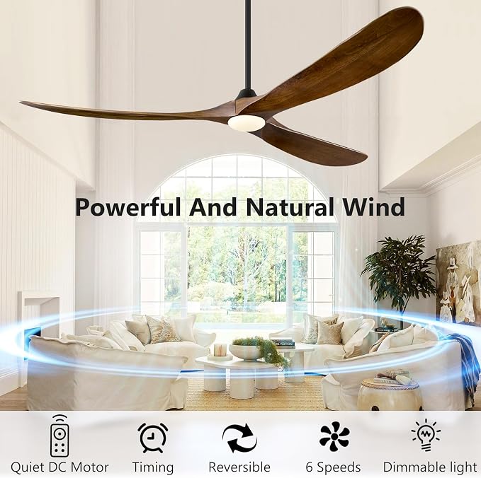 ABZ 72 Inch Ceiling Fans with Lights, Solid Wood Propeller Large Ceiling Fans with Lights and Remote Control 3 Blades Outdoor Ceiling Fan High cfm for Patios Gazebo Indoor Farmhouse, Walnut Wood