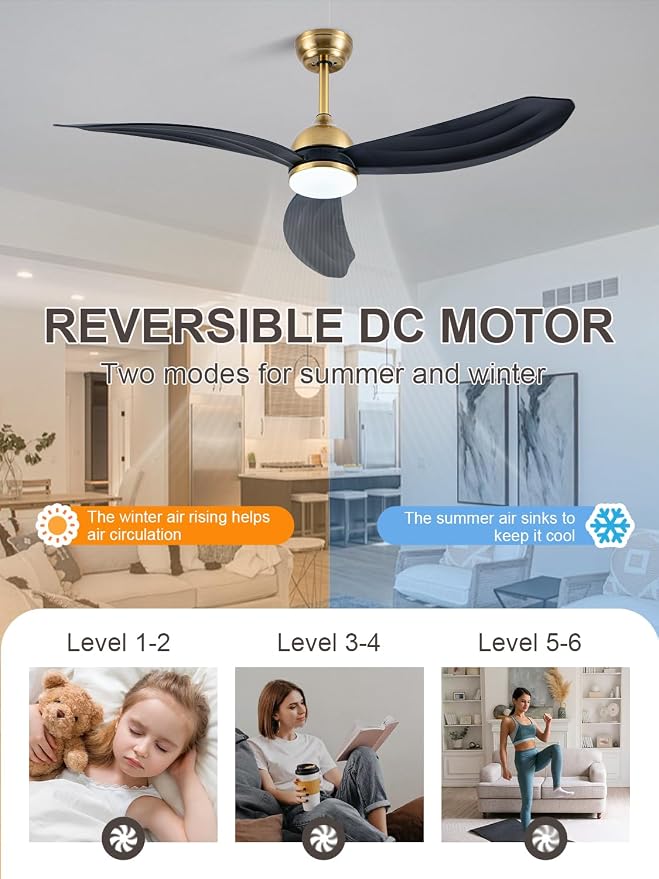 Bella Depot 52 Inch Black and Gold Ceiling Fan with Light, Modern Chandelier Ceiling Fan with Dimmable LED Light, Rustic Fandelier Fan with Quiet DC Motor for Living Room Bedroom